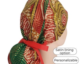 African print Waxed Cotton with Glitter  - Surgical Cap with Ponytail holder -