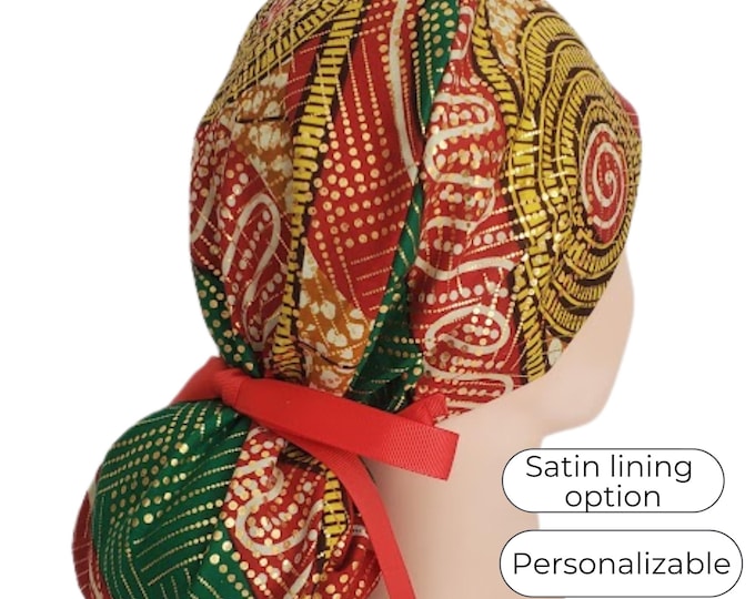 African print Waxed Cotton with Glitter  - Surgical Cap with Ponytail holder - FifthCraftyStreet