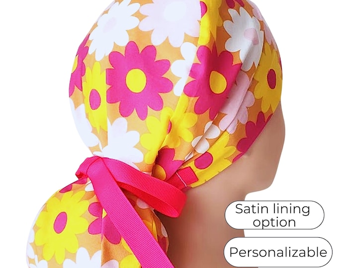 Floral Ponytail Scrub Cap for Women - Surgical Cap with Satin Lining Option - lightweight Cotton - FifthCraftyStreet