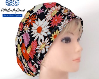 Stretchy Scrub Caps - Surgical Euro Scrub Cap - Satin Lined option -Daisy