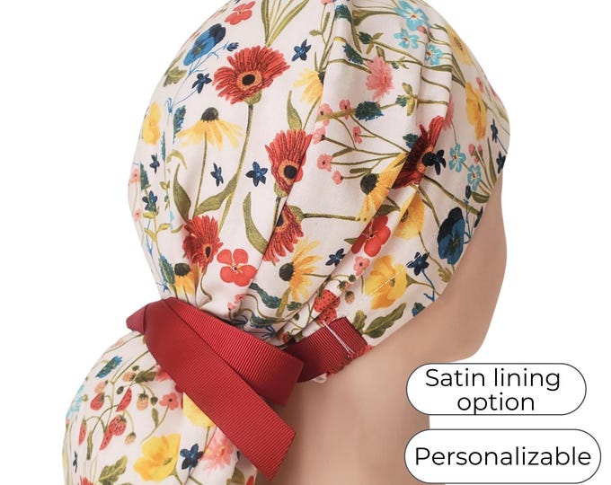 Wildflower Ponytail Scrub Cap: Satin-Lining, Personalization option