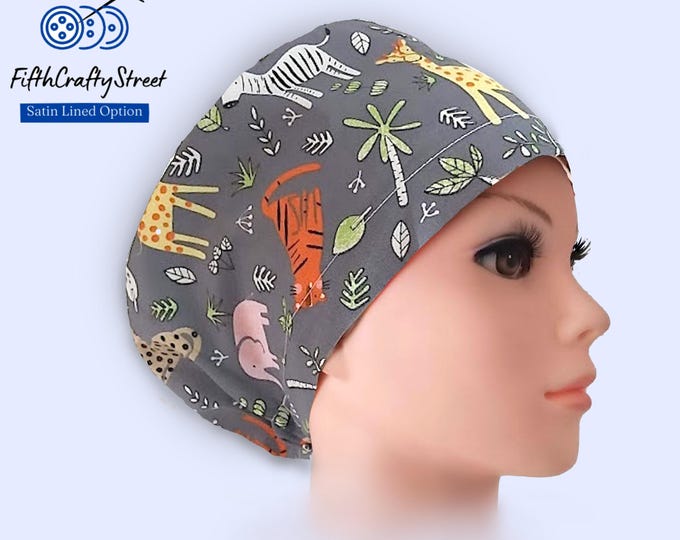 Gray Euro Scrub Caps - Satin Lined option - Adjustable - wildlife -