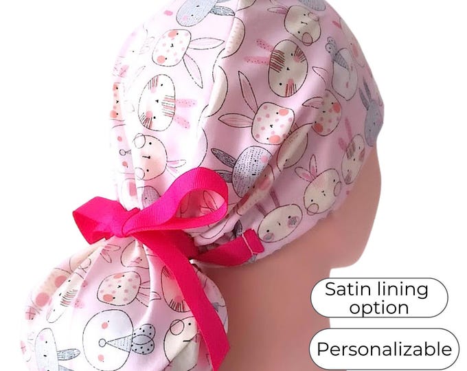 Bunny Print Ponytail Scrub Cap: Satin Lined Cotton Surgical Cap