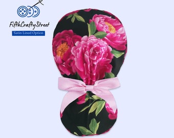 Peony Ponytail Scrub Cap for Women - Floral Surgical Satin Lined Scrub Cap option