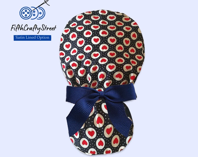 Hearts Ponytail Scrub Cap for Women - Surgical Cap Satin Lined Option - FifthCraftyStreet