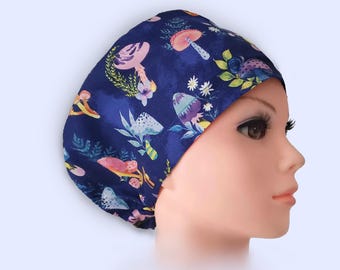 Euro Scrub Cap Satin Lined Option Personalized Scrub Hat for Women : Colorful Mushroom Print