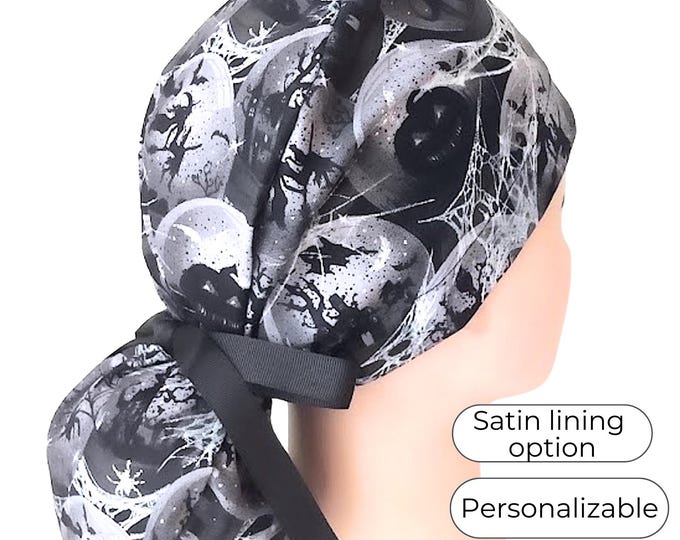 Halloween Ponytail Scrub Cap - Surgical Cap - Satin Lined option - Witch - FifthCraftyStreet