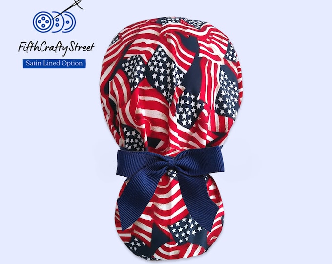 Patriotic - 4th July - Women’s Scrub Caps  - Satin Lining option - American flag - FifthCraftyStreet