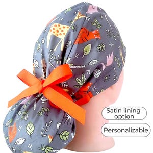 animals Ponytail Scrub Cap - Surgical Cap Satin Lined Option - FifthCraftyStreet