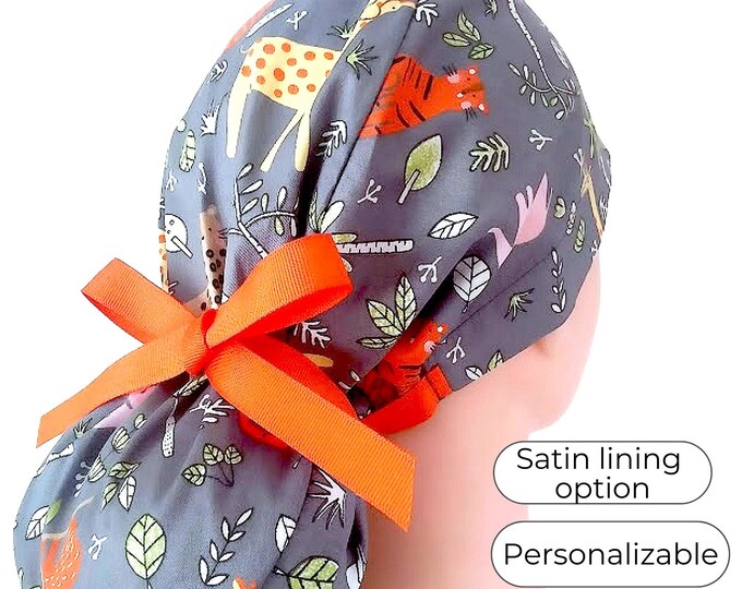 animals Ponytail Scrub Cap - Surgical Cap Satin Lined Option - FifthCraftyStreet