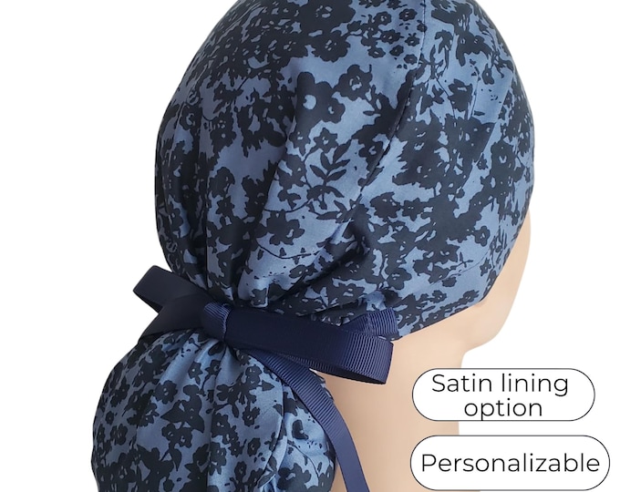 Ponytail Scrub Cap - Surgical Cap - Blue Floral - Lightweight Cotton - Silky Satin Lined Option - FifthCraftyStreet