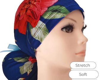 Stretch Ponytail Scrub Cap Blue Floral Print Adjustable Scrub Hat