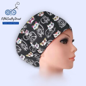 Euro Scrub Caps - Adjustable - Satin Lining option - Sugar Cats - FifthCraftyStreet