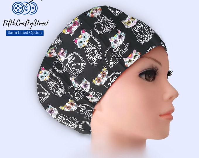 Euro Scrub Caps - Adjustable - Satin Lining option - Sugar Cats - FifthCraftyStreet
