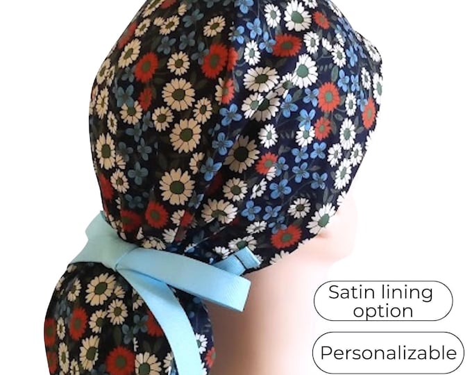 Ponytail Scrub Cap with Satin Lining Option: Navy Daisy Floral
