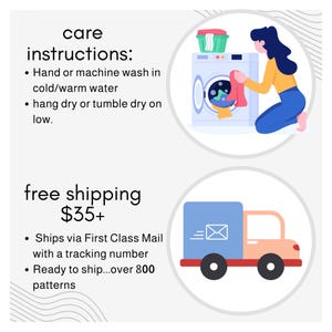 instructions for washing clothes and free shipping, with illustrations of a person washing clothes by hand or machine and a delivery truck.
