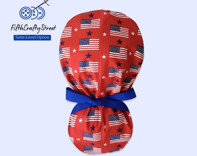 Patriotic - Surgical Cap - 4th of July - Satin Lining option - American Flag on Red - FifthCraftyStreet