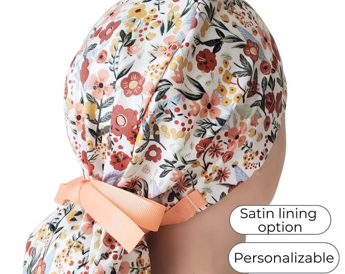Peach Floral Ponytail Scrub Cap: Satin Lined, Personalized Nurse Hat