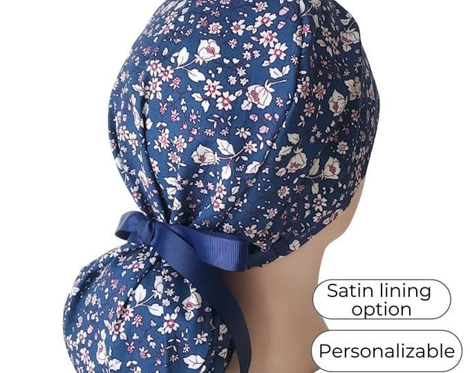 Ponytail Scrub Cap Blue Flora: Lightweight Cotton , Satin Lined Option
