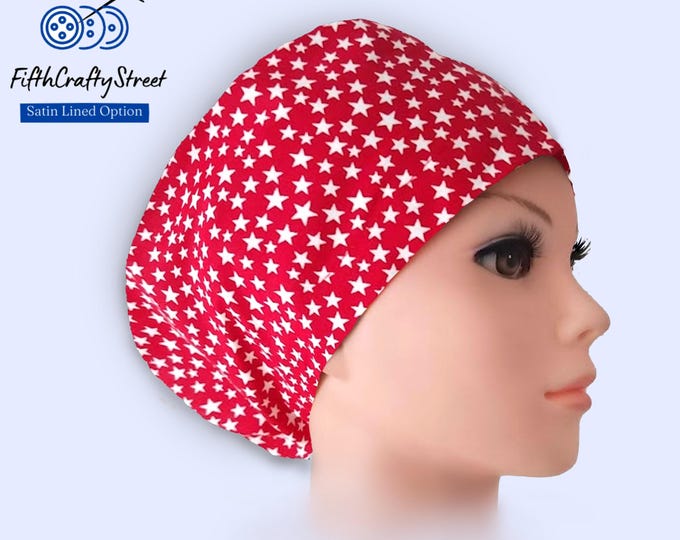 Patriotic - Euro Scrub Cap - Surgical Cap - Silky Satin Lining Option -White Stars on Red -
