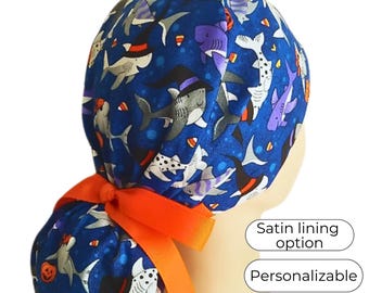 Shark Halloween Scrub Caps for Women Ponytail - Scrub Cap with Satin Lining option - FifthCraftyStreet