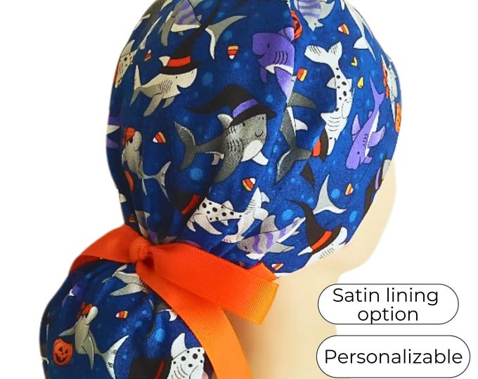 Shark Halloween Scrub Caps for Women Ponytail - Scrub Cap with Satin Lining option - FifthCraftyStreet