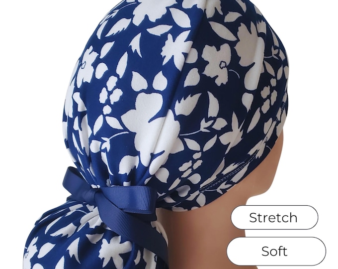 Stretchy Floral Ponytail Scrub Cap: Navy and White, Adjustable
