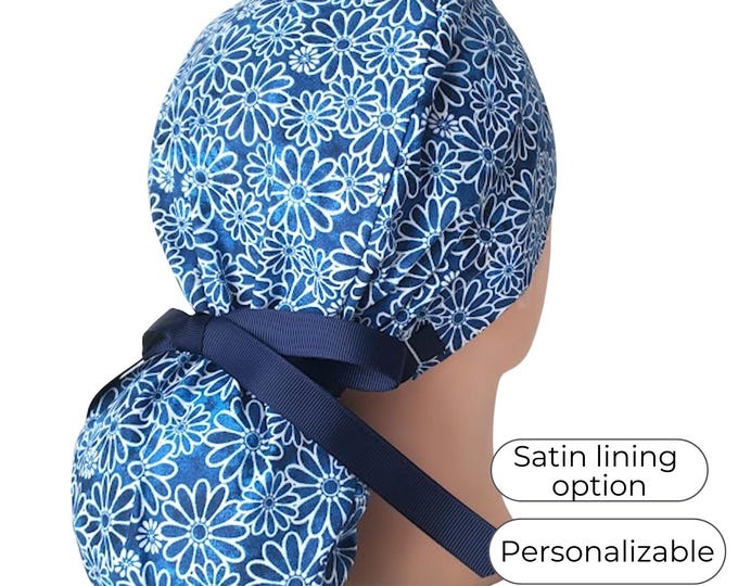 Ponytail Scrub Cap - Surgical Cap - Satin Lining Option - Japanese Floral - FifthCraftyStreet