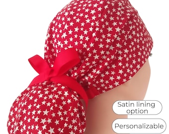 Patriotic ,Cotton Scrub Cap, Satin Lining option, white stars on Red - 4th July