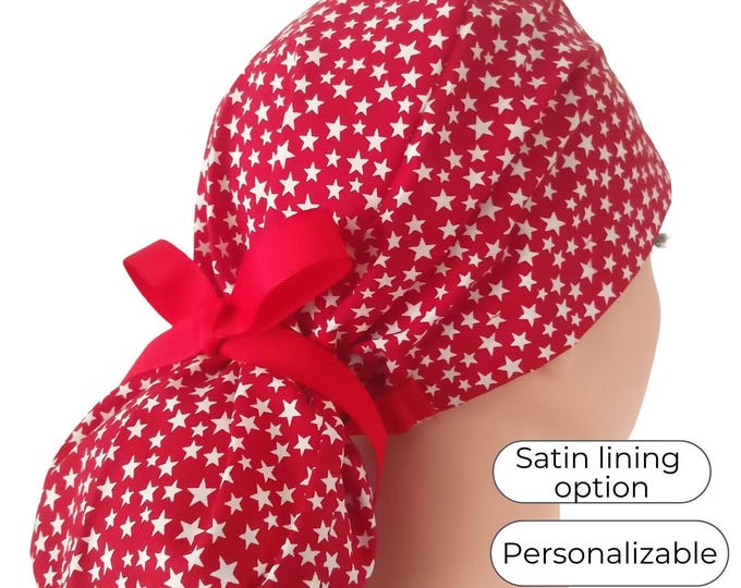 Patriotic ,Cotton Scrub Cap, Satin Lining option, white stars on Red - 4th July