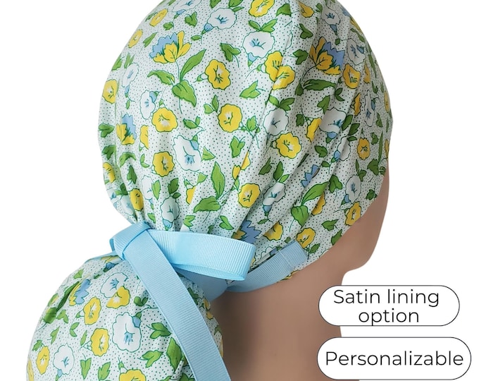Ponytail Scrub Cap for Women - Blossom Floral Surgical Cap Satin Lined Option -