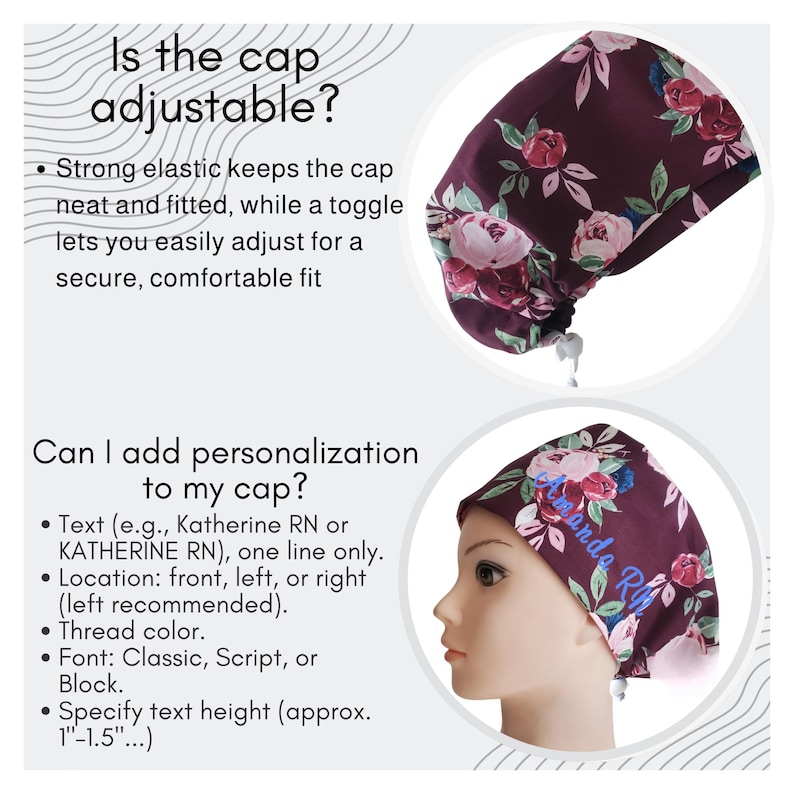 Puede incluir: Una gorra burdeos con estampado floral, con flores rosas y blancas y hojas verdes. La gorra tiene un cord&oacute;n para ajustar y se puede personalizar con texto. El texto de la imagen pregunta sobre el ajuste y la personalizaci&oacute;n.