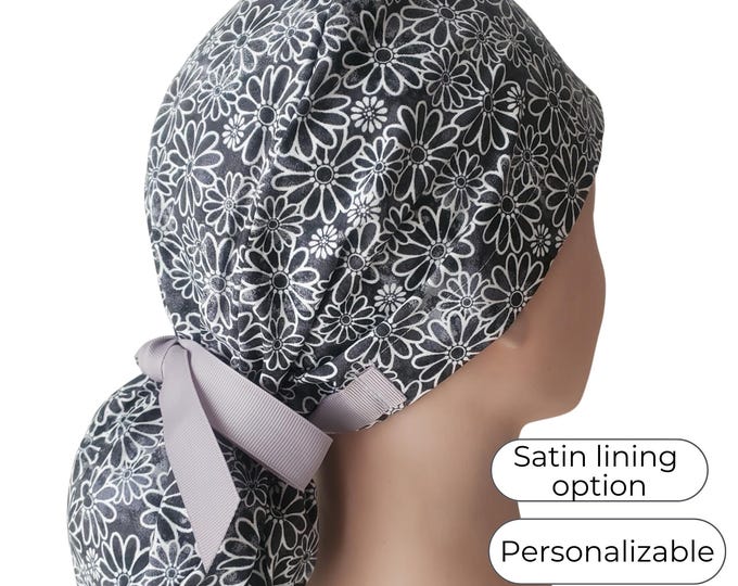 Midnight Daisy  - Ponytail Scrub Cap for Women - Surgical Cap Satin Lined Option - FifthCraftyStreet