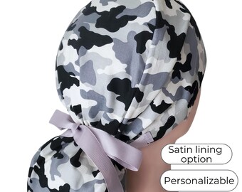 Ponytail Scrub Cap: Camouflage Gray, Satin Lining and Personalization Option