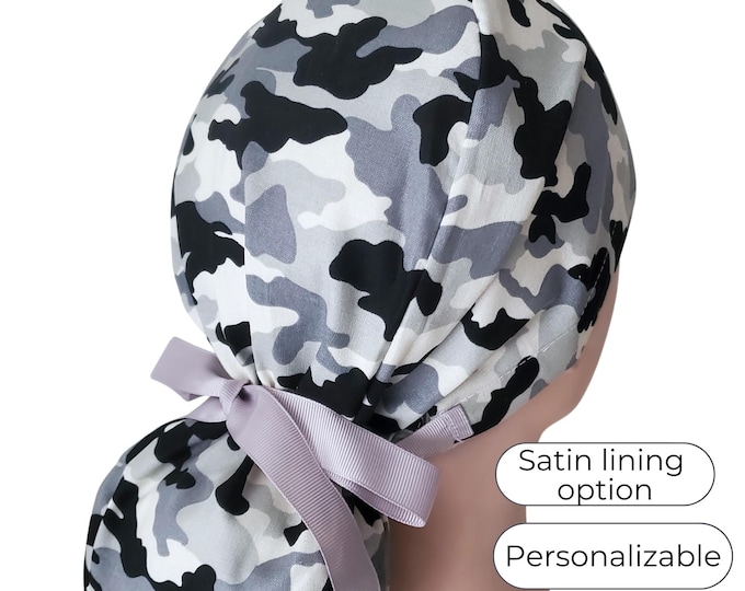 Ponytail Scrub Cap: Camouflage Gray, Satin Lining and Personalization Option