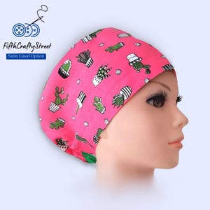 Euro Scrub Caps - Adjustable - Satin Lining option - Cactus - FifthCraftyStreet
