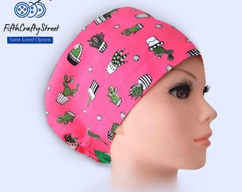 Euro Scrub Caps - Adjustable - Satin Lining option - Cactus - FifthCraftyStreet