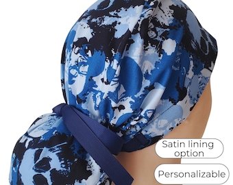 Skeleton Blues - Ponytail Scrub Cap for Women - Surgical Cap Satin Lined Option -