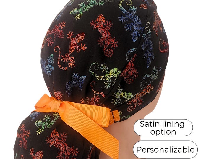 Gecko Print Ponytail Scrub Cap Satin Lined Scrub Hat for Women Personalizable