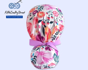 Floral Ponytail Scrub Cap for Women - Surgical Cap with Satin Lined option