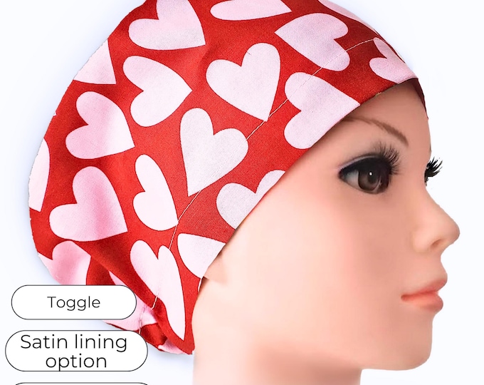 Euro Style Scrub Cap, Red & Pink Heart Pattern: Adjustable, Personalization, Satin Lining, Button Option