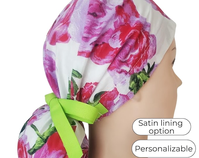 Ponytail Scrub Cap - Surgical hat with Satin Lining Option -Watercolor Floral