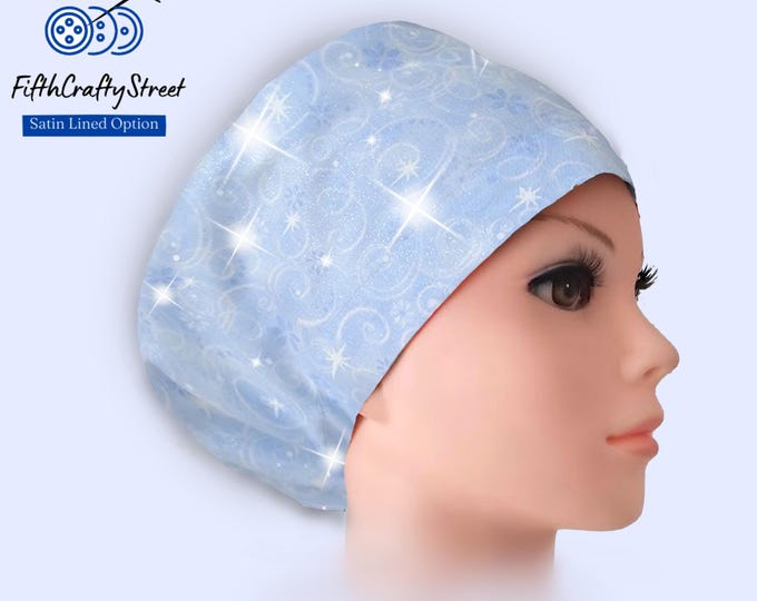 Euro Scrub Caps - Adjustable - Satin Lining option - Frosty Blue Sparkle - FifthCraftyStreet
