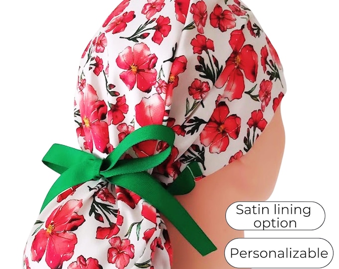 Floral red Ponytail Scrub Cap for Women - Satin Lined Surgical Cap with green ribbons - FifthCraftyStreet