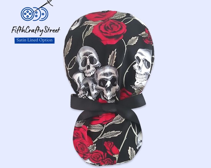 Halloween Ponytail Scrub Cap - Skull Surgical cap for Women - Satin Lining option - FifthCraftyStreet