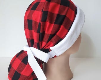 Christmas ponytail scrub cap in red and black buffalo plaid flannel with fluffy white band Santa-inspired look, satin lined option