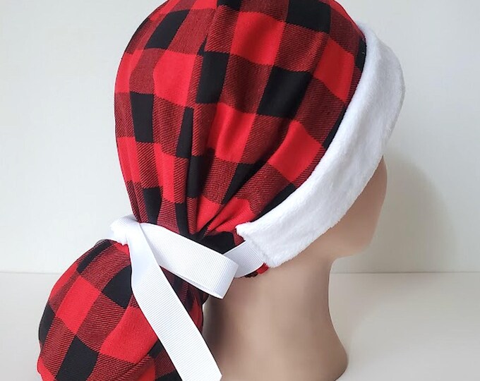 Christmas ponytail scrub cap in red and black buffalo plaid flannel with fluffy white band Santa-inspired look, satin lined option