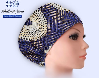 Satin lined Euro Scrub Cap: African Print Indigo Silver Glitter