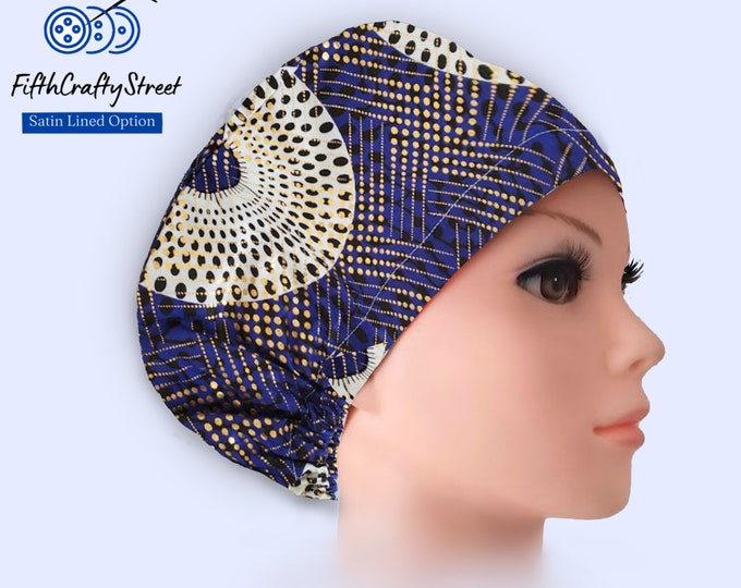 Euro Scrub Cap - Adjustable - Satin Lined option - African Print Indigo Silver Glitter - FifthCraftyStreet