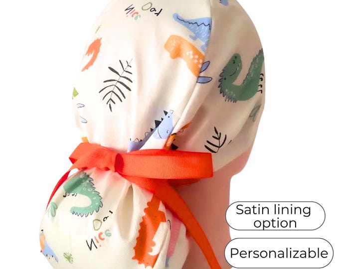 Surgical Scrub Caps with Satin Lined option - Dinosaurs Cream -